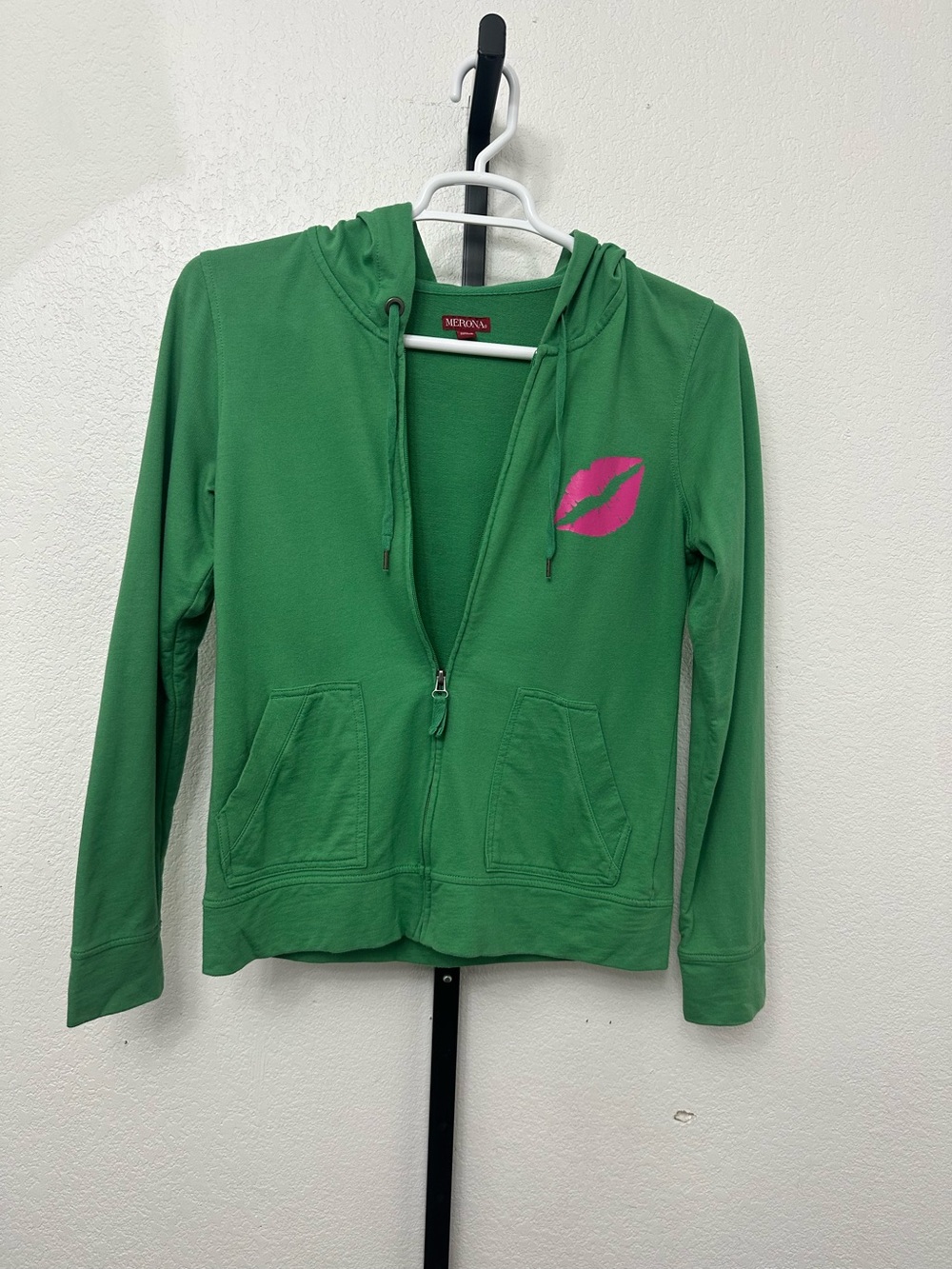 Merona Green Zip-Up Hoodie with Pink Lip Graphic